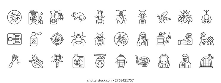 Pest Control Icon set Collection in Line Style. insecticide, hygiene, bugs, rat, termite, pesticide, animal