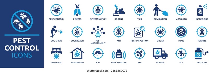 Pest control icon set. Containing insect, extermination, bug, pesticide, insecticide, service, spray, rat and termite. Solid icon collection. Vector illustration.