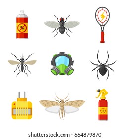 Pest control icon set. Equipment and insects, expert exterminators tools, different sprayers to have home protected. Vector flat style cartoon illustration isolated on white background
