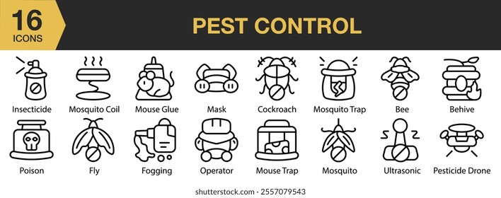 Pest Control icon set. Includes mask, cockroach, bee, beehive, mosquito, operator, drone, and More. Outline icons vector collection.