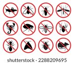 Pest control. Icon set. Insect repellent emblem. Isolated forbidding and warning signs of harmful insects and rodents. Vector illustration