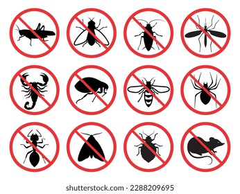 Control de plagas. Conjunto de iconos. Emblema repelente de insectos. Prohibición aislada y señales de advertencia de insectos y roedores dañinos. Ilustración del vector