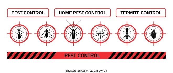 Control de plagas. Conjunto de iconos. Emblema repelente de insectos. Prohibición aislada y señales de advertencia sobre insectos nocivos, cucarachas, moscas, garrapatas, termitas. Control de plagas e insectos en el hogar. Aislado