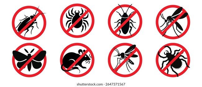 Pest control. Icon set. Insect repellent emblem. Isolated forbidding and warning signs of harmful insects and rodents. Vector illustration
