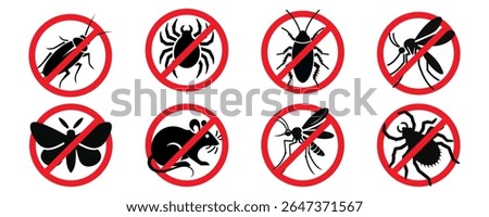 Pest control. Icon set. Insect repellent emblem. Isolated forbidding and warning signs of harmful insects and rodents. Vector illustration