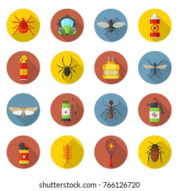 Pest control icon set. Regulation or management of a species, unwanted animals, insects, germs. Vector flat style cartoon illustration isolated on white background