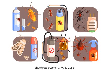 Pest Control Icons Set, Extermination of Harmful Insects, Tick, Cockroach, Moth, Ant, Termite Vector Illustration