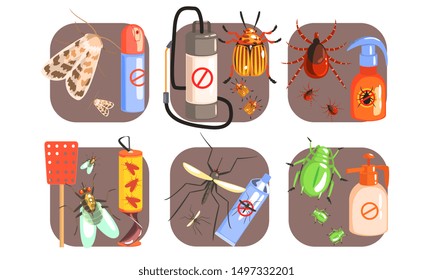 Pest Control Icons Set, Extermination of Harmful Insects, Moth, Tick, Colorado, Potato, Beetle, Fly, Mosquito Vector Illustration