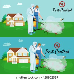 pest control illustration set, professional removal man house indoor and outdoor insect.Worker protective clothes exterminator spraying equipment, chemical toxic pesticide poison kill and prevention