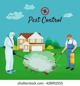 pest control illustration set, professional removal man house indoor and outdoor insect.Worker protective clothes exterminator spraying equipment, chemical toxic pesticide poison kill and prevention