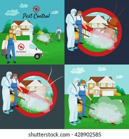 pest control illustration set, professional removal man house indoor and outdoor insect.Worker protective clothes exterminator spraying equipment, chemical toxic pesticide poison kill and prevention