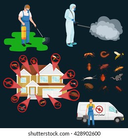 pest control illustration set, professional removal man house indoor and outdoor insect.Worker protective clothes exterminator spraying equipment, chemical toxic pesticide poison kill and prevention