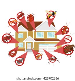 pest control illustration set, professional removal man house indoor and outdoor insect.Worker protective clothes exterminator spraying equipment, chemical toxic pesticide poison kill and prevention