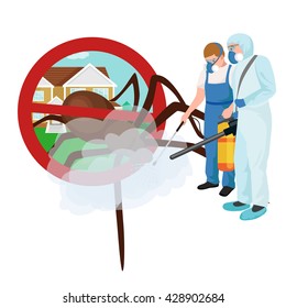 pest control illustration set, professional removal man house indoor and outdoor insect.Worker protective clothes exterminator spraying equipment, chemical toxic pesticide poison kill and prevention
