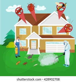 pest control illustration set, professional removal man house indoor and outdoor insect.Worker protective clothes exterminator spraying equipment, chemical toxic pesticide poison kill and prevention