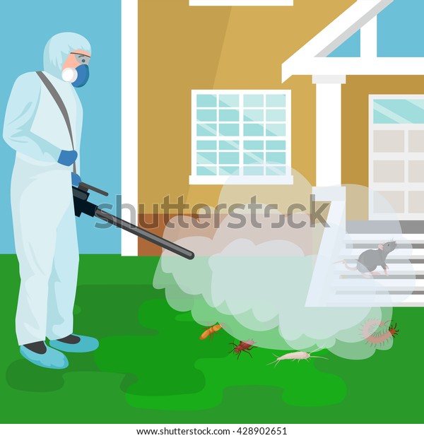 pest control illustration set, professional
removal man house indoor and outdoor insect.Worker protective
clothes exterminator spraying equipment, chemical toxic pesticide
poison kill and
prevention