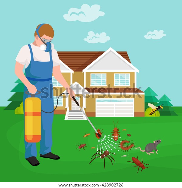 pest control illustration set, professional\
removal man house indoor and outdoor insect.Worker protective\
clothes exterminator spraying equipment, chemical toxic pesticide\
poison kill and\
prevention
