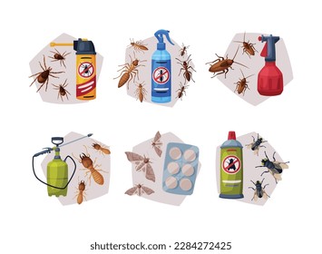 Pest Control and Insect Extermination Service with Chemical Bottle Vector Set
