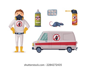 Servicio de control de plagas y exterminación de insectos con botellas químicas, camioneta y hombre en conjunto de vectores uniformes