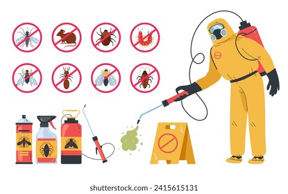 Pest control insect service disinfection poison isolated set. Vector flat graphic design illustration