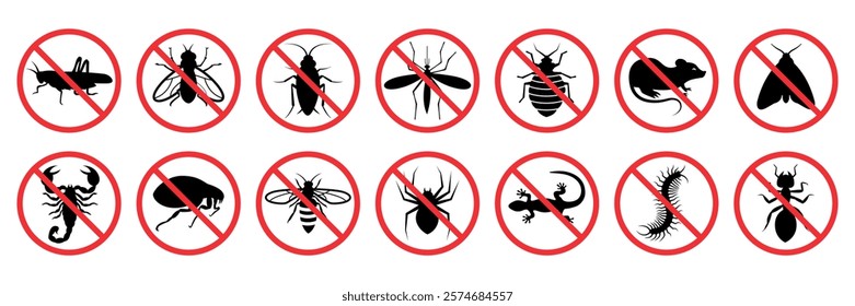 Pest control. Insects icon set. Insect repellent label product. Isolated forbidding and warning signs of harmful insects and rodents. Vector illustration