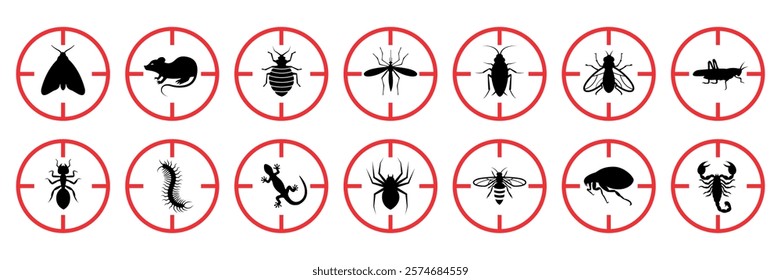 Pest control. Insects icon set. Insect repellent label product. Isolated forbidding and warning signs of harmful insects and rodents. Vector illustration