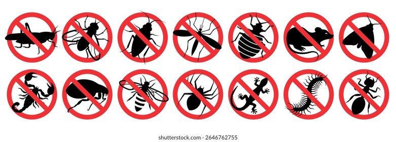 Pest control. Insects icon set. Insect repellent label product. Isolated forbidding and warning signs of harmful insects and rodents. Vector illustration.