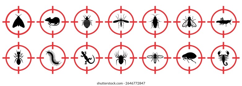 Pest control. Insects icon set. Insect repellent label product. Isolated forbidding and warning signs of harmful insects and rodents. Vector illustration.	