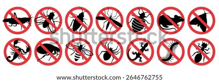 Pest control. Insects icon set. Insect repellent label product. Isolated forbidding and warning signs of harmful insects and rodents. Vector illustration.