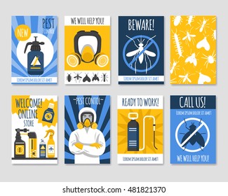 Pest control isolated template set with presentation online store and new pesticide products flat vector illustration