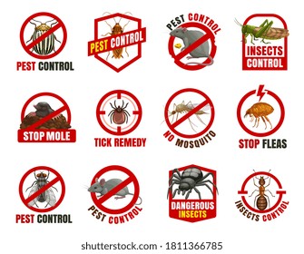 Pest control isolated vector icons. Colorado beetle, cockroach and rat with locust, mole, tick and mosquito with flea. Fly, mouse and spider with ant cartoon prohibition signs, dangerous insects warn