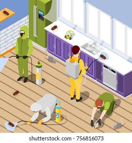 Pest control isometric background with exterminators in protective suits spraying pesticide in home interior vector illustration 