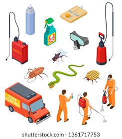 Pest control isometric. Insect fumigation rodent poison exterminator specialist 3d sanitary disinfection pest disinfectant vector set