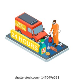 Pest control isometric. Vector disinfection service for home and office. Illustration pest control service, worker and van