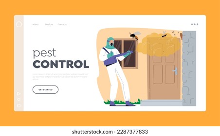 Pest Control Landing Page Template. Service Effectively Tackles Wasp Infestation At Cottage House. Professional Worker Utilizing Techniques To Eliminate The Insects Swarm. Cartoon Vector Illustration