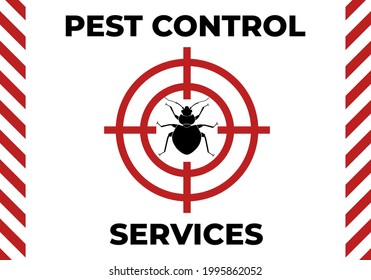 Pest control leaflet design, horizontal orientation. Minimal graphic illustration with a bedbug as a target in red circle mark.