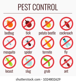 Pest control line icon set with insects. Insect repellent emblem. Prohibition beetle warning sign. Perfect for exterminator service companies. Vector illustration.