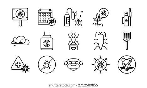 Symbol für Schädlingsbekämpfungszeile. Insekten, Nagetiere, Ratten, Insektenspray, Fallen, Ausrottung, Termite, Mücke, Schabe, Floh, Schädlingsbekämpfung, Heimschutz, Vektorgrafik. Pixel-perfekter Strich