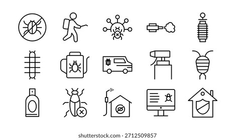 Symbol für Schädlingsbekämpfungszeile. Insekten, Nagetiere, Ratten, Insektenspray, Fallen, Ausrottung, Termite, Mücke, Schabe, Floh, Schädlingsbekämpfung, Heimschutz, Vektorgrafik. Pixel-perfekter Strich