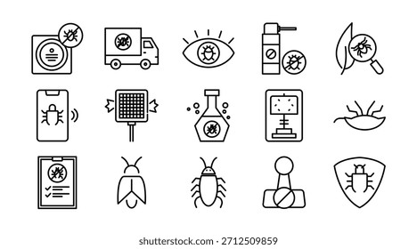 Symbol für Schädlingsbekämpfungszeile. Insekten, Nagetiere, Ratten, Insektenspray, Fallen, Ausrottung, Termite, Mücke, Schabe, Floh, Schädlingsbekämpfung, Heimschutz, Vektorgrafik. Pixel-perfekter Strich