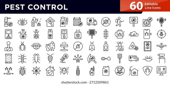 Symbol für Schädlingsbekämpfungszeile. Insekten, Nagetiere, Ratten, Insektenspray, Fallen, Ausrottung, Termite, Mücke, Schabe, Floh, Schädlingsbekämpfung, Heimschutz, Vektorgrafik. Pixel-perfekter Strich