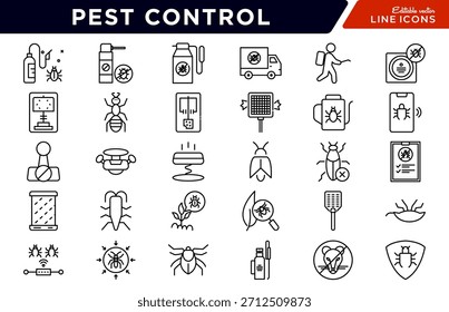 Symbol für Schädlingsbekämpfungszeile. Insekten, Nagetiere, Ratten, Insektenspray, Fallen, Ausrottung, Termite, Mücke, Schabe, Floh, Schädlingsbekämpfung, Heimschutz, Vektorgrafik. Pixel-perfekter Strich