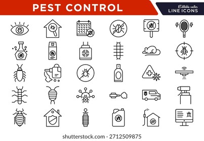 Symbol für Schädlingsbekämpfungszeile. Insekten, Nagetiere, Ratten, Insektenspray, Fallen, Ausrottung, Termite, Mücke, Schabe, Floh, Schädlingsbekämpfung, Heimschutz, Vektorgrafik. Pixel-perfekter Strich