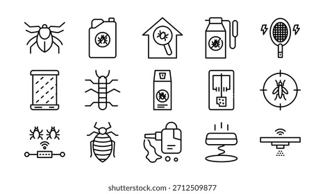 Symbol für Schädlingsbekämpfungszeile. Insekten, Nagetiere, Ratten, Insektenspray, Fallen, Ausrottung, Termite, Mücke, Schabe, Floh, Schädlingsbekämpfung, Heimschutz, Vektorgrafik. Pixel-perfekter Strich