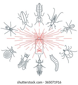 Pest control line icon set with insects-cockroach, tick, bedbug, fly, mosquito, spider, termite, ant, grub, locust. Linear design elements for exterminator service companies. 