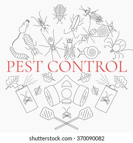 Pest control line icon set with insects, rodents and equipment. Linear design elements can be used by exterminator service companies. Isolated vector illustration.