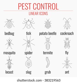 Pest control line icon set with insects-cockroach, tick, bedbug, fly, mosquito, spider, termite, ant, grub, locust, slug, potato beetle. Perfect for exterminator service companies.