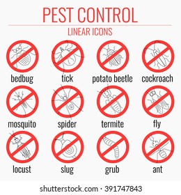 Pest control line icon set with insects. Prohibition beetle warning sign. Perfect for exterminator service companies. Vector illustration.