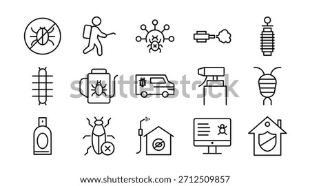 Pest Control line icon set. Insects, rodents, rats, bug spray, traps, extermination, termite, mosquito, cockroach, flea, pest management, home protection icon vector illustration. Pixel-perfect stroke