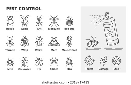 Iconos de la línea de control de plagas. Ilustraciones vectoriales de plagas. Pulverización, Mosquito, Escarabajo, Afid, Hormiga, Buque de cama, Termite, Wasp, Weevil, Moth, Mole Cricket, Mite, Cockroach, Fly, Spider, Iconos de pulgas aislados